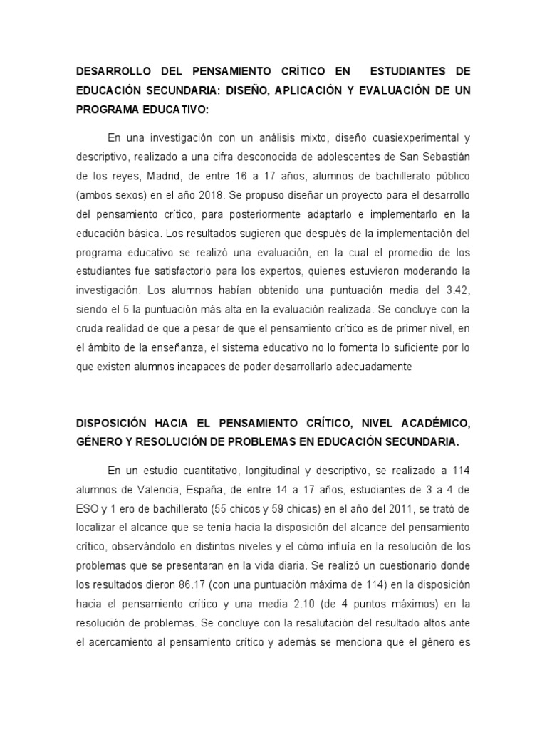 Desarrollo Del Pensamiento Crítico en Estudiantes de Educación ...