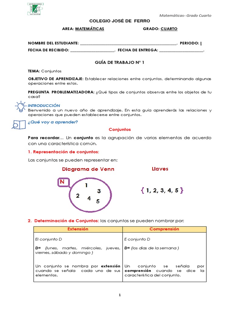 Guía de Conjuntos para Cuarto Grado | PDF | Conjunto (Matemáticas ...
