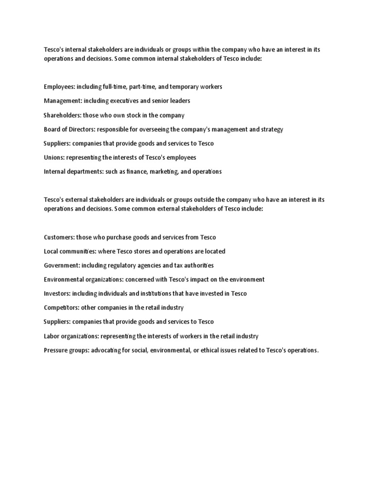 Tesco's Stakeholder Relationships | PDF | Employment | Supply Chain