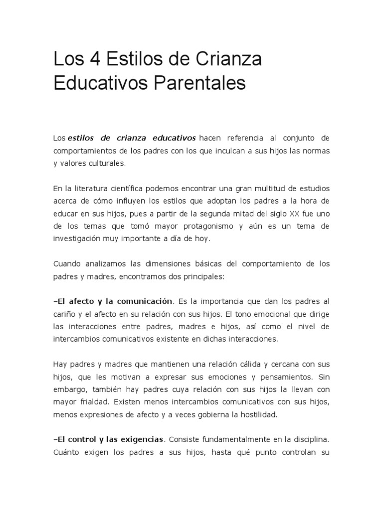 Los 4 Estilos de Crianza Educativos Parentales | PDF | Las emociones ...