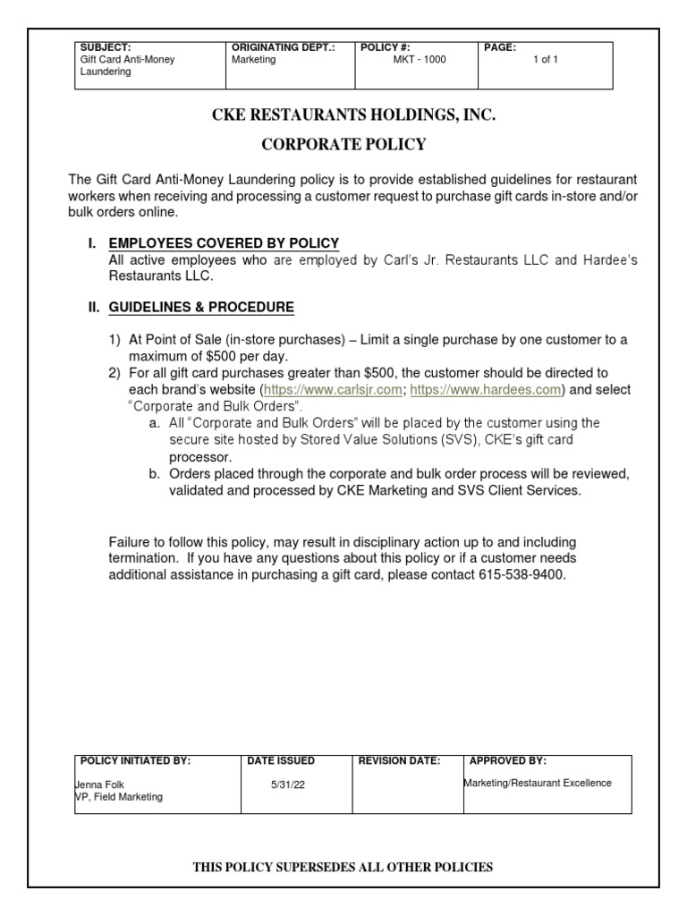 Policy Gift Card AntiMoney Laundering (MKT1000) PDF