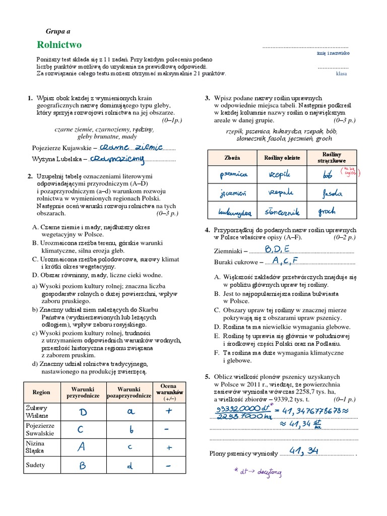 Sprawdzian Rolnictwo Oblicza Geografii 2 Test Rolnictwo | PDF