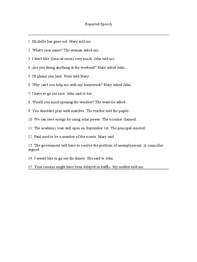 Reported Speech Mixed Exercise Pdf