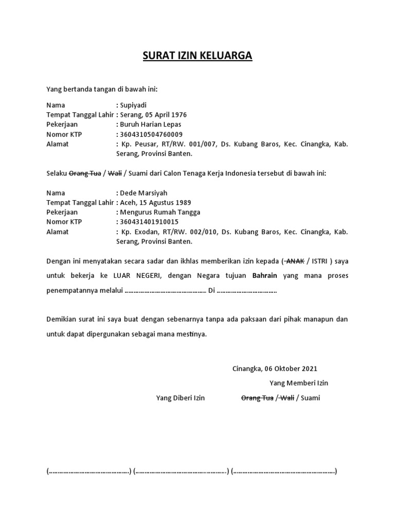Surat Izin Keluarga | PDF