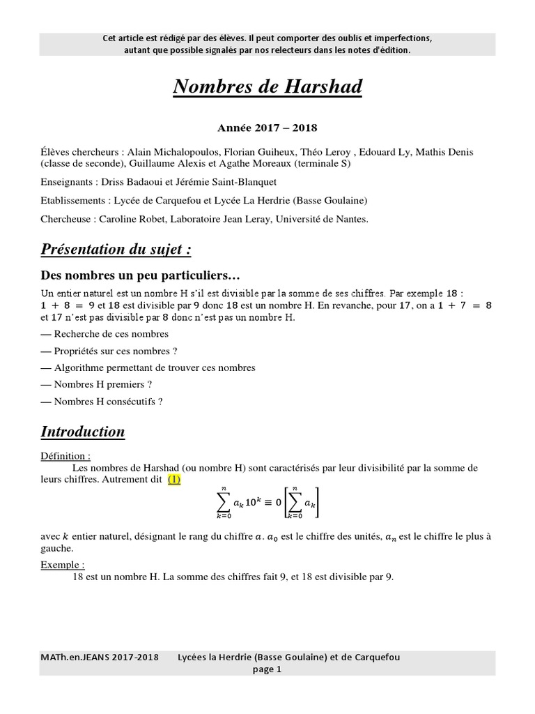 Nombres de Harshad : Recherche et Propriétés | PDF | Nombre premier ...