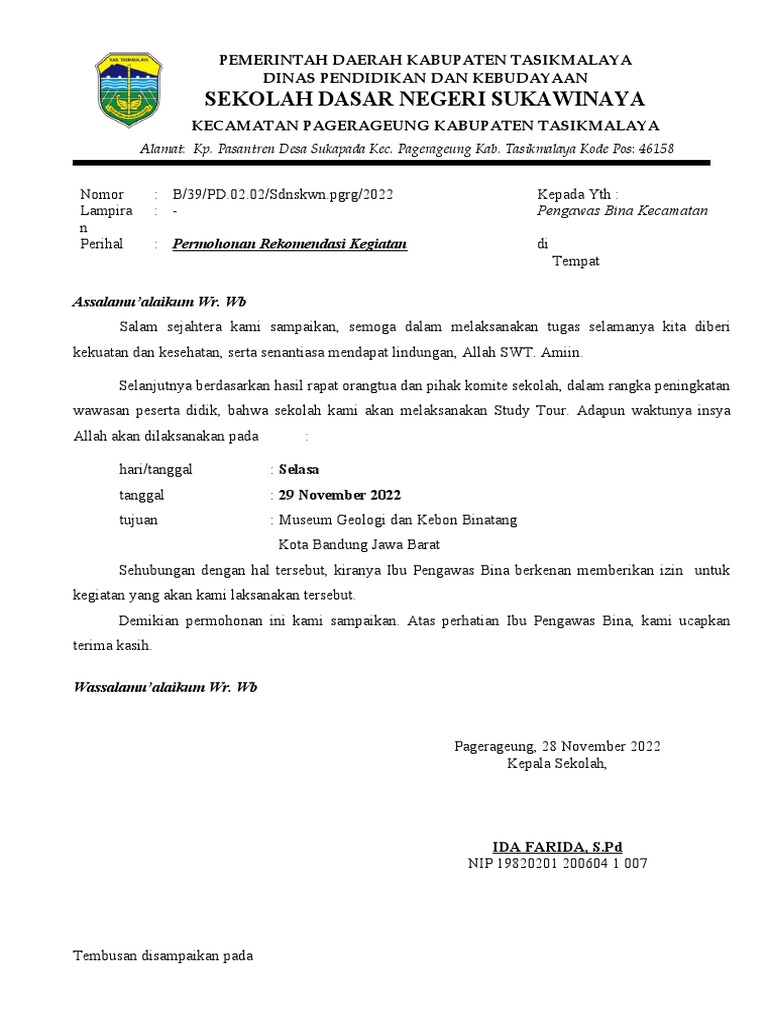 Surat Rekomendasi Study Tour Sukawinaya | PDF