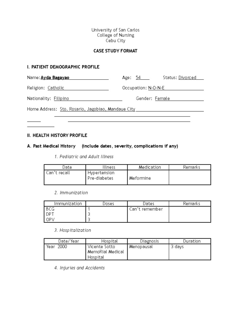 Case Study Format I. Patient Demographic Profile: 1. Pediatric and ...