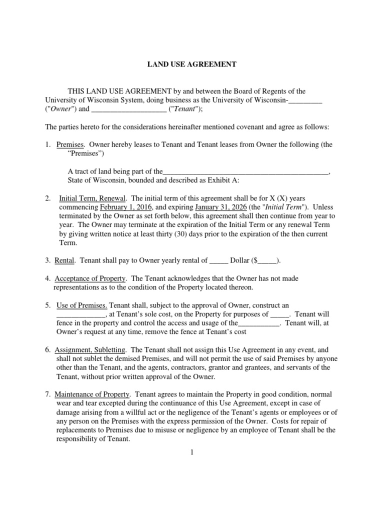 Land Use Agreement Uwsa As Owner PDF Lease Leasehold Estate