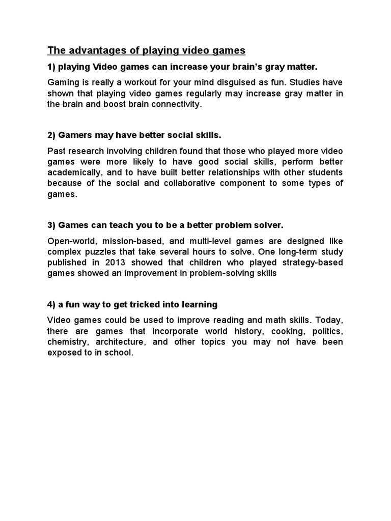 The Advantages and Disadvantages of Playing Video Games | PDF | Video