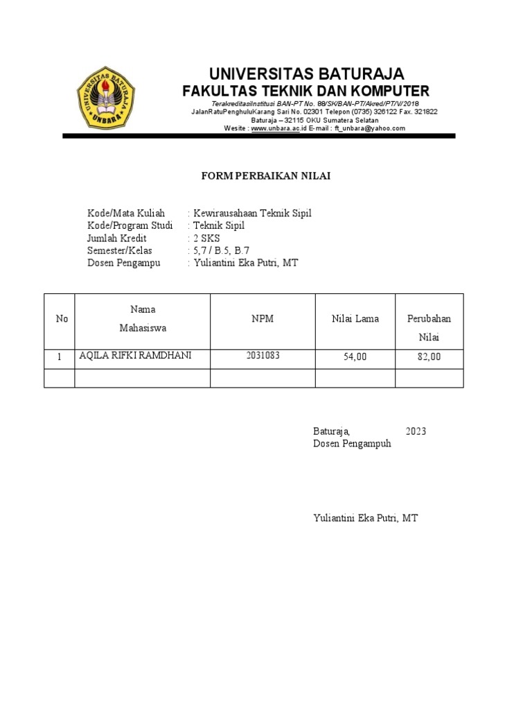 Form Perbaikan Nilai Kewirausahaan Teknik Sipil | PDF