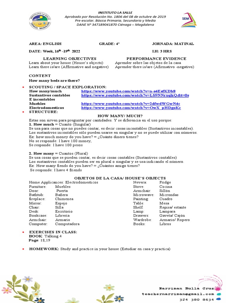 ENG 4° How Many Beds Are There 16 Al 19 Agost There Is Are, House's Objects, How Many, Much