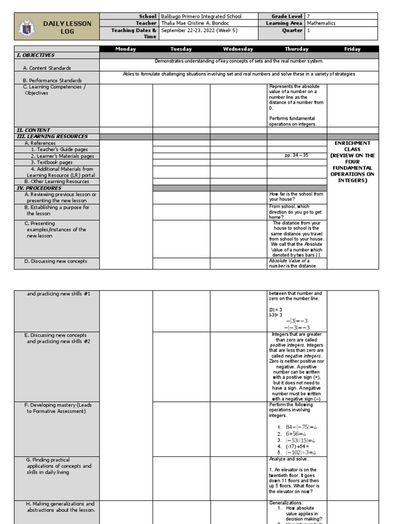 Grade 7 Math: Absolute Value Concepts | PDF | Learning | Numbers