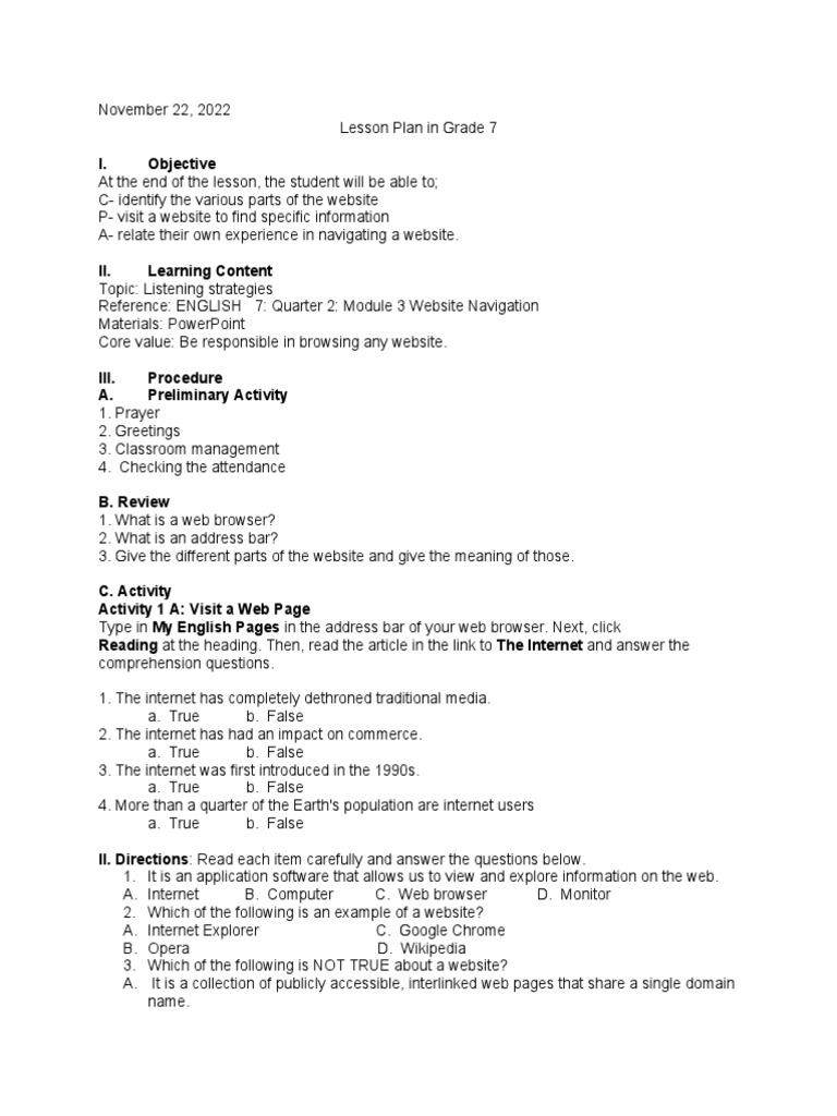 Grade 7 Lesson Plan: Website Navigation | PDF | Websites | World Wide Web