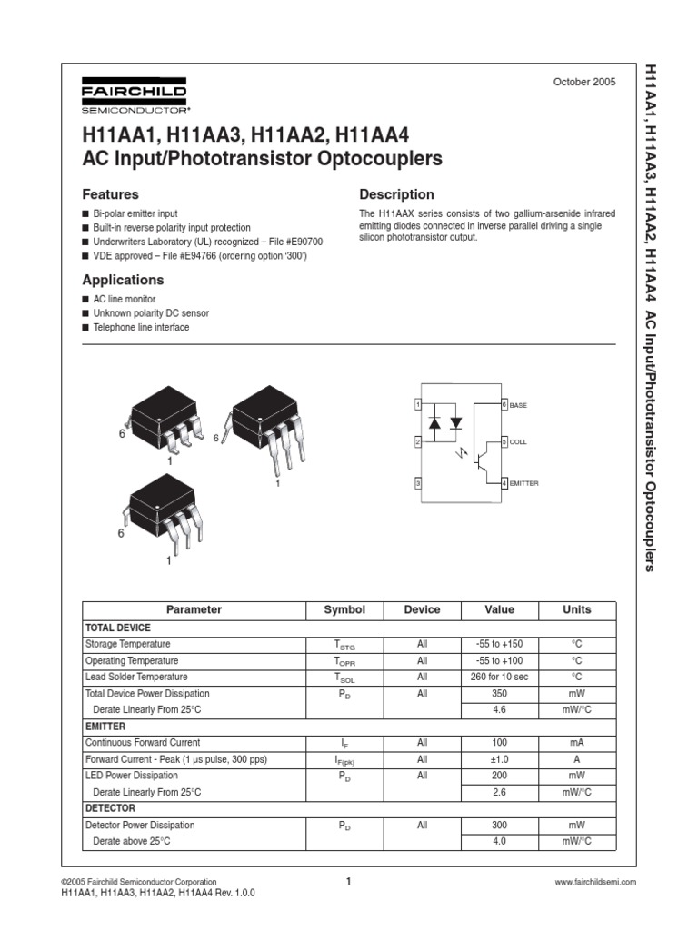 H11AA1, H11AA3, H11AA2, H11AA4 AC Input/Phototransistor Optocouplers ...