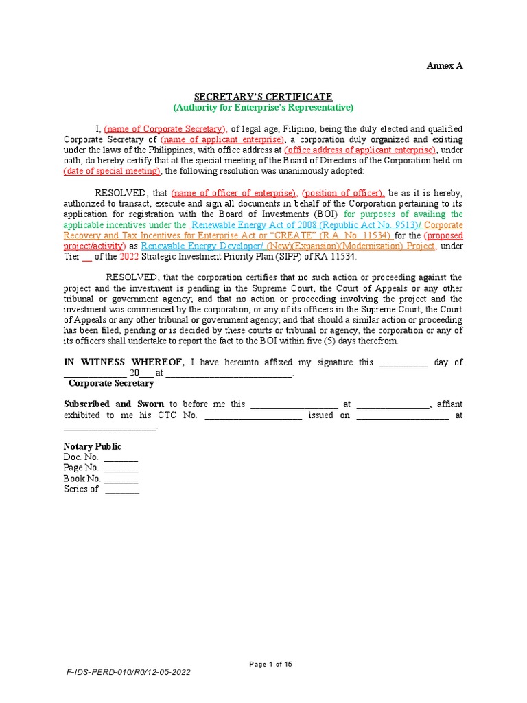 FIDSPERD010 APPLICATION FOR BOI REGISTRATION (BOI FORM 501) Attachments PDF Cost Of