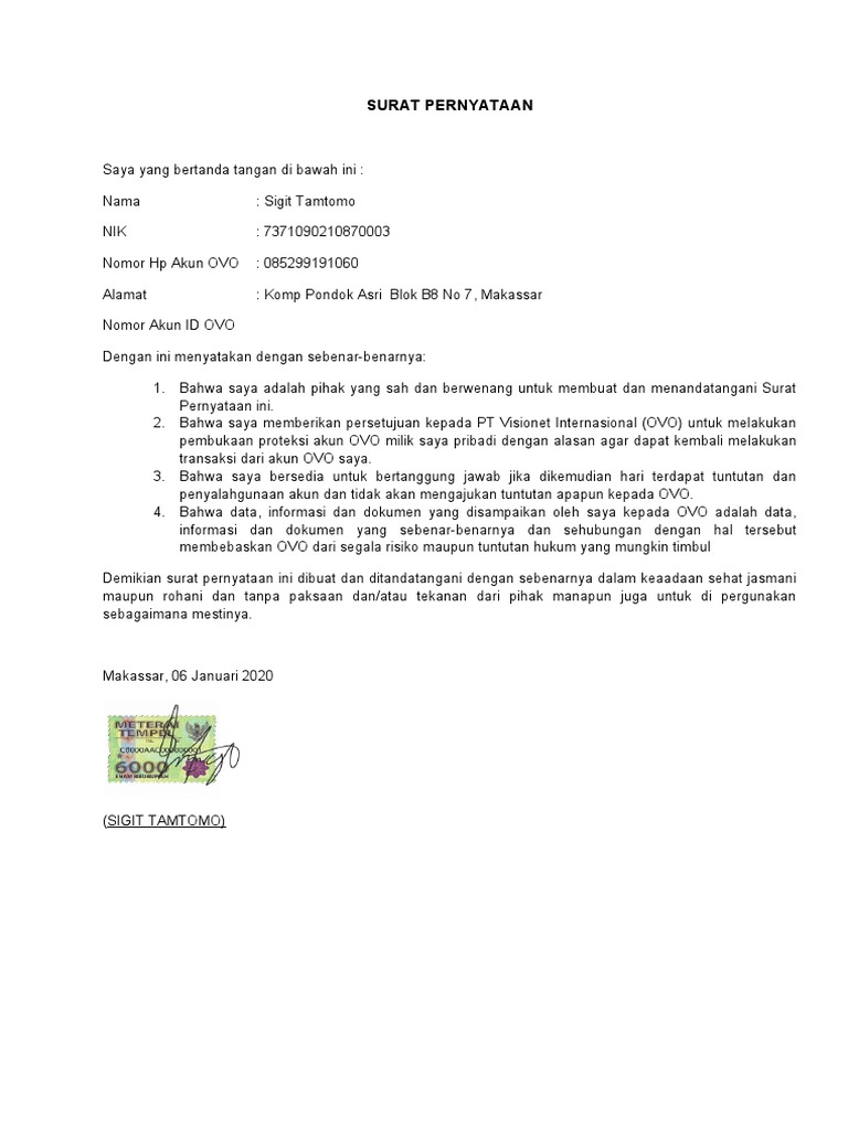 Surat Pernyataan Ovo | PDF