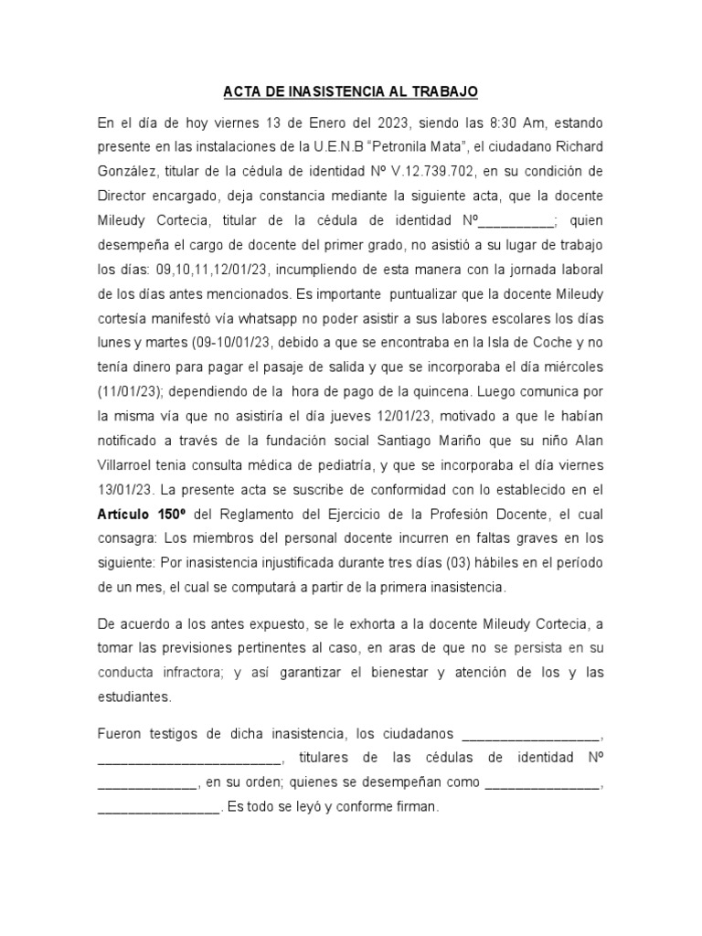 Acta de Inasistencia Al Trabajo | PDF | Gobierno