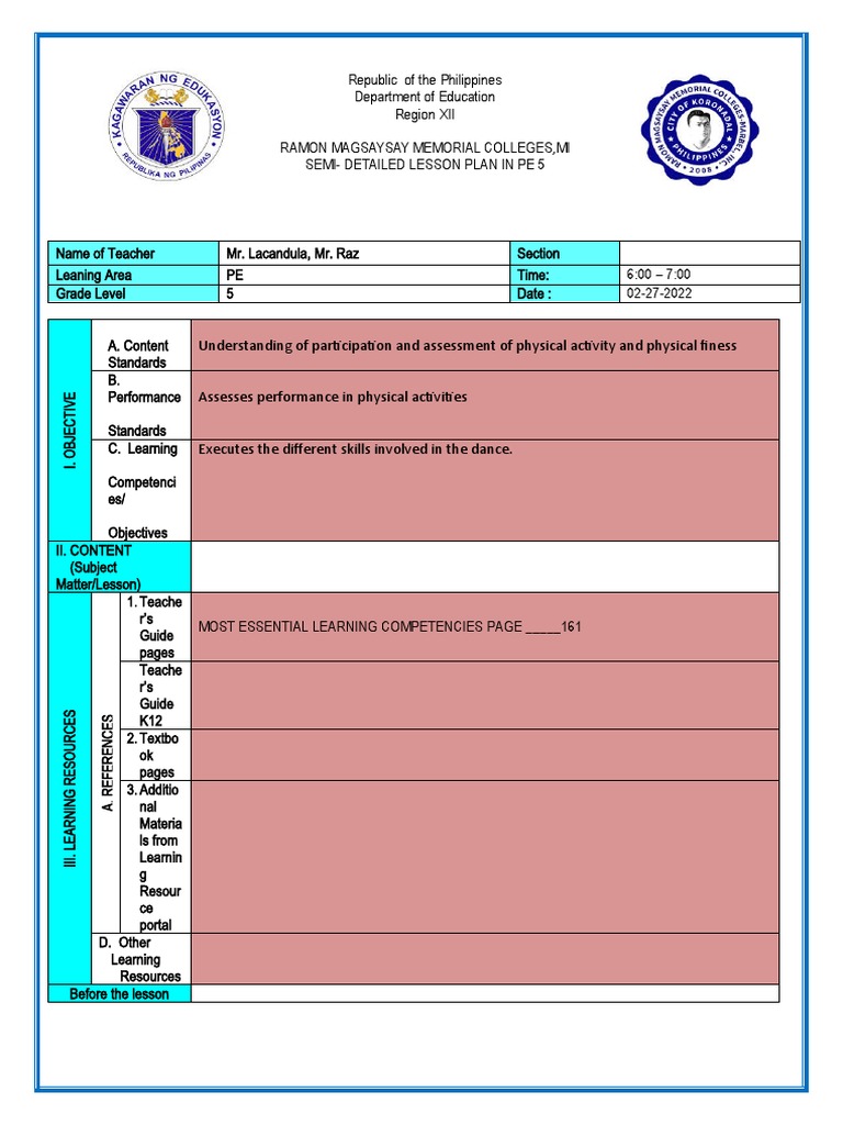Lesson Plan In Pe