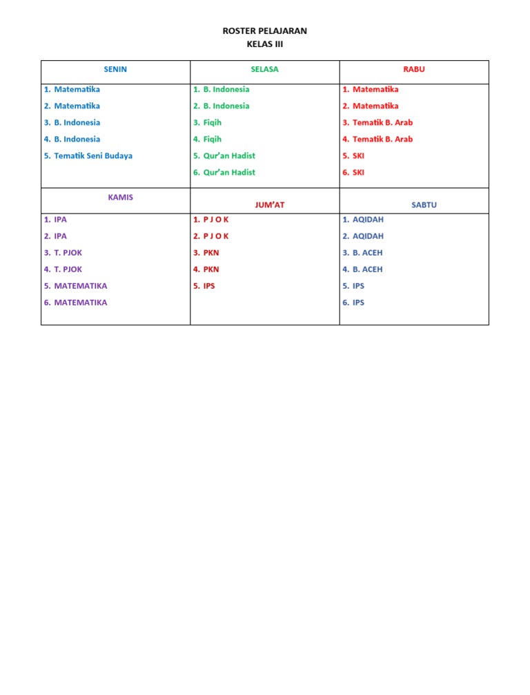 Roster Pelajaran | PDF