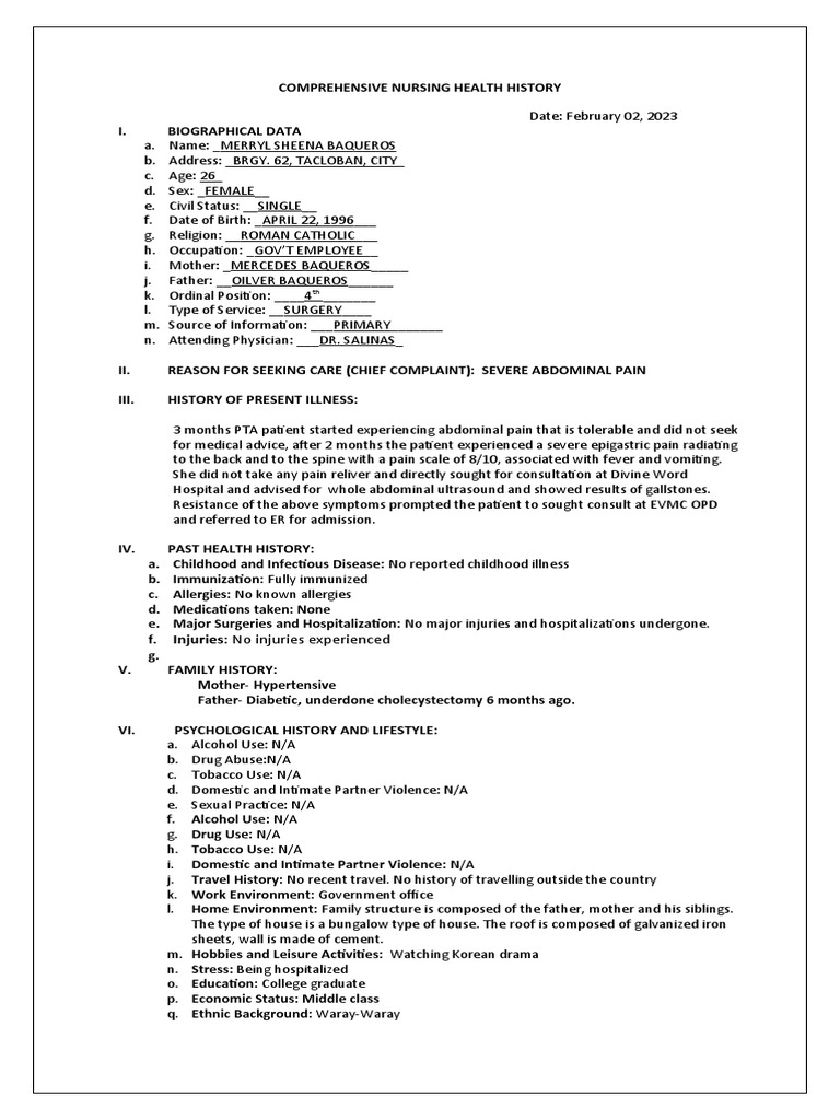Comprehensive Nursing Health HX PDF Pain Hospital