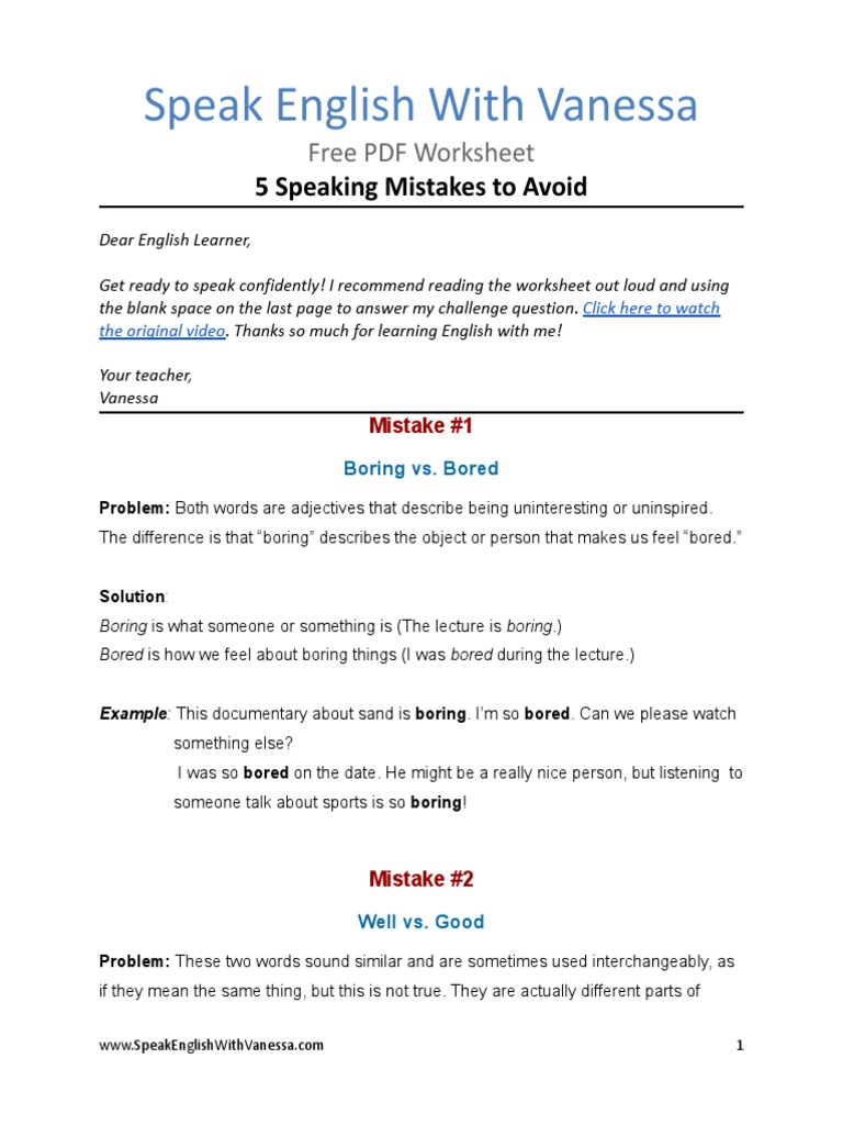 5 Speaking Mistakes To Avoid - Speak English With | PDF | English ...