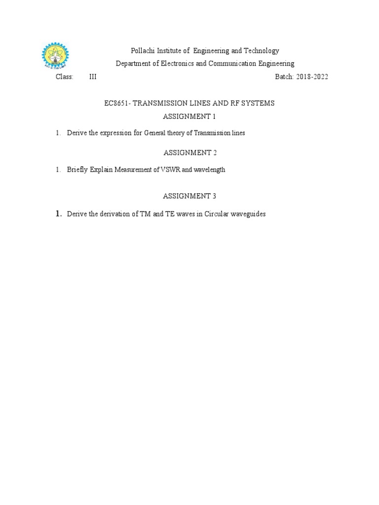Transmission Lines & RF Systems Assignments | PDF