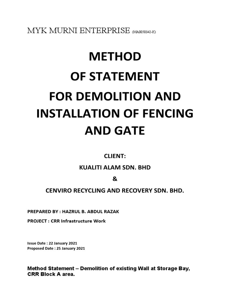Method Statement DEMOLITION BUILDING FENCING PDF Demolition