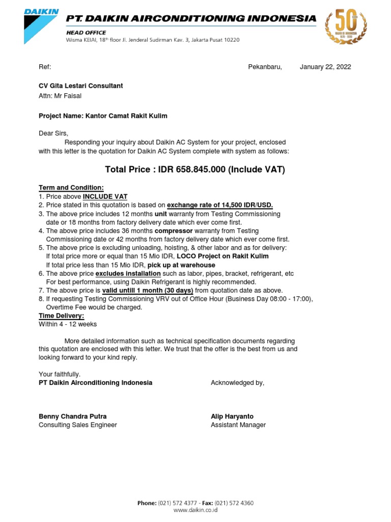 Daikin VRV Quotation for Rakit Kulim | PDF