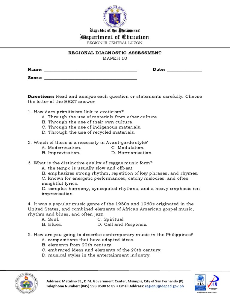 Regional Diagnostic Assessment MAPEH 10 | PDF | Vaccines | Physical Fitness