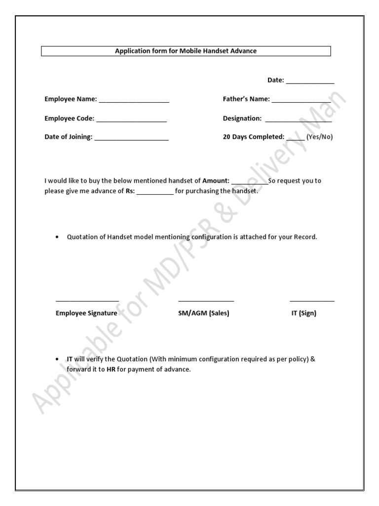 Mobile Handset Advance Application Form | PDF