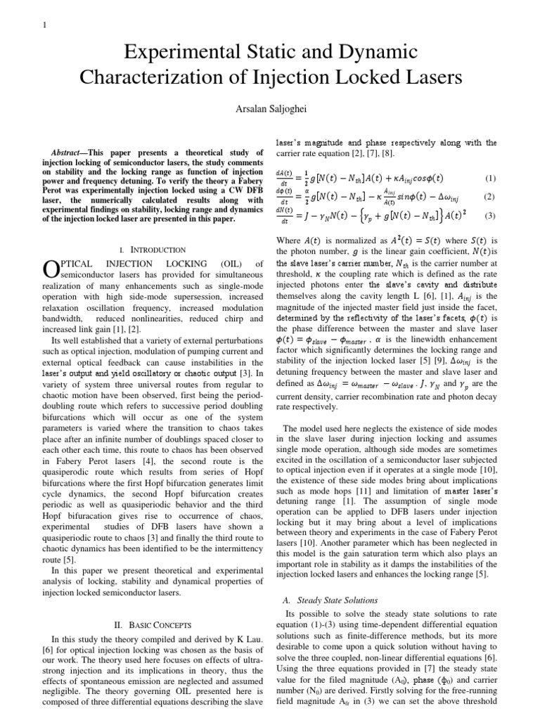 Injection Locking in Semiconductor Lasers | PDF | Laser | Resonance
