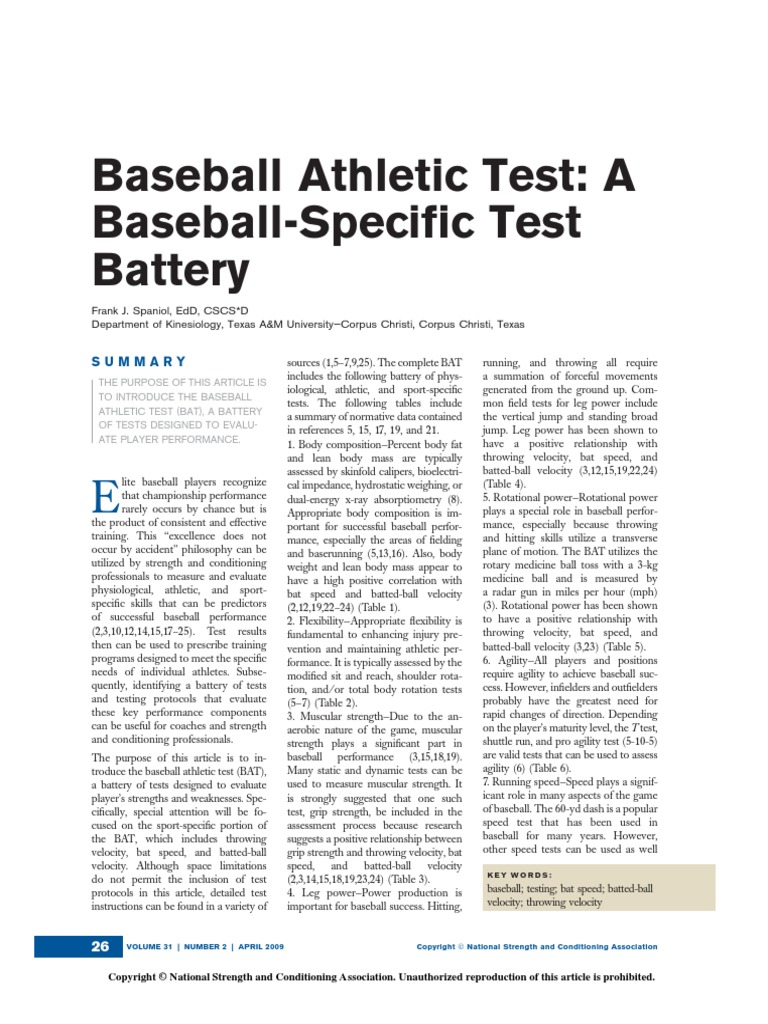 Baseball Athletic Test A Baseball Specif PDF Batting (Baseball
