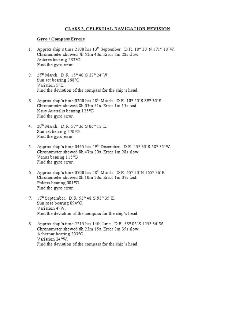 CELESTIAL NAV Questions PDF Latitude Geodesy