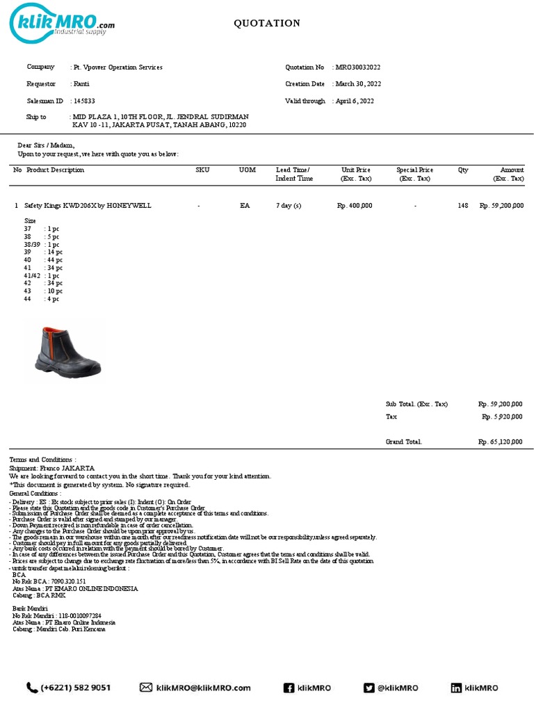 Quotation for Safety Shoes | PDF | Indonesian Rupiah | Payments