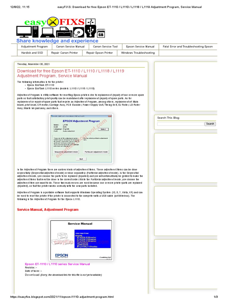 Free Epson L1110 Adjustment Program Download | PDF | Printer (Computing ...
