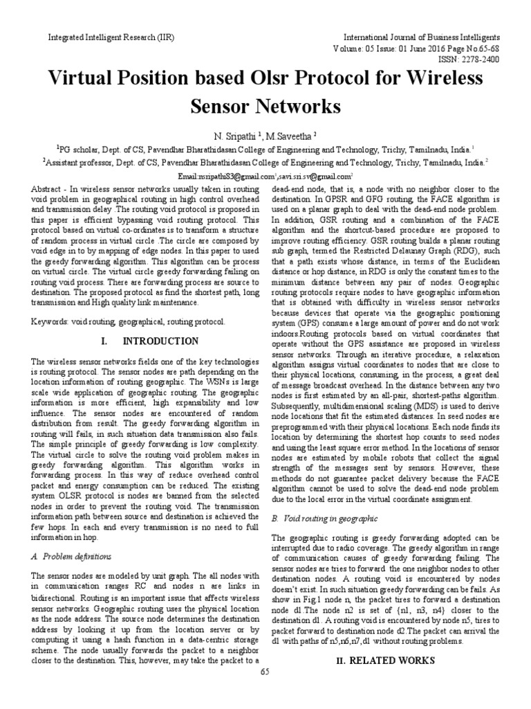 Virtual Position Based Olsr Protocol For Wireless Sensor Networks PDF Routing Wireless