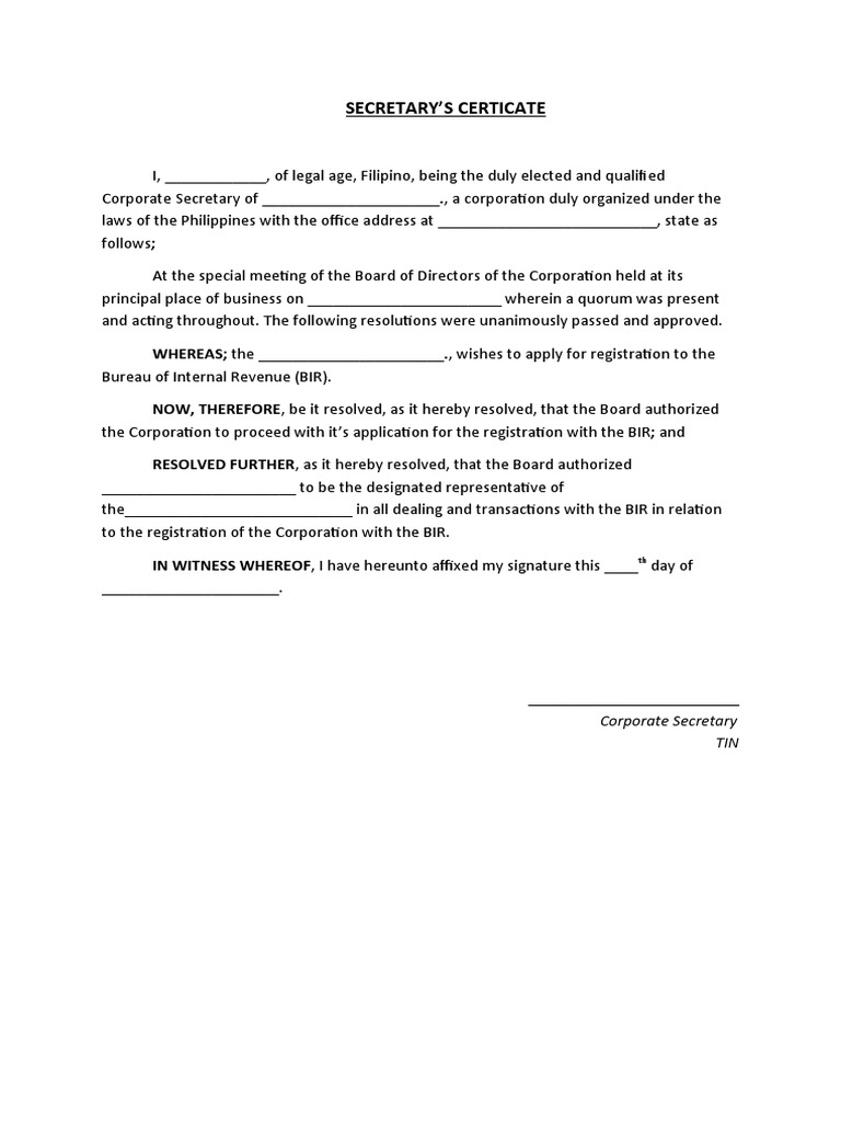 Secretary s certificate bir pdf