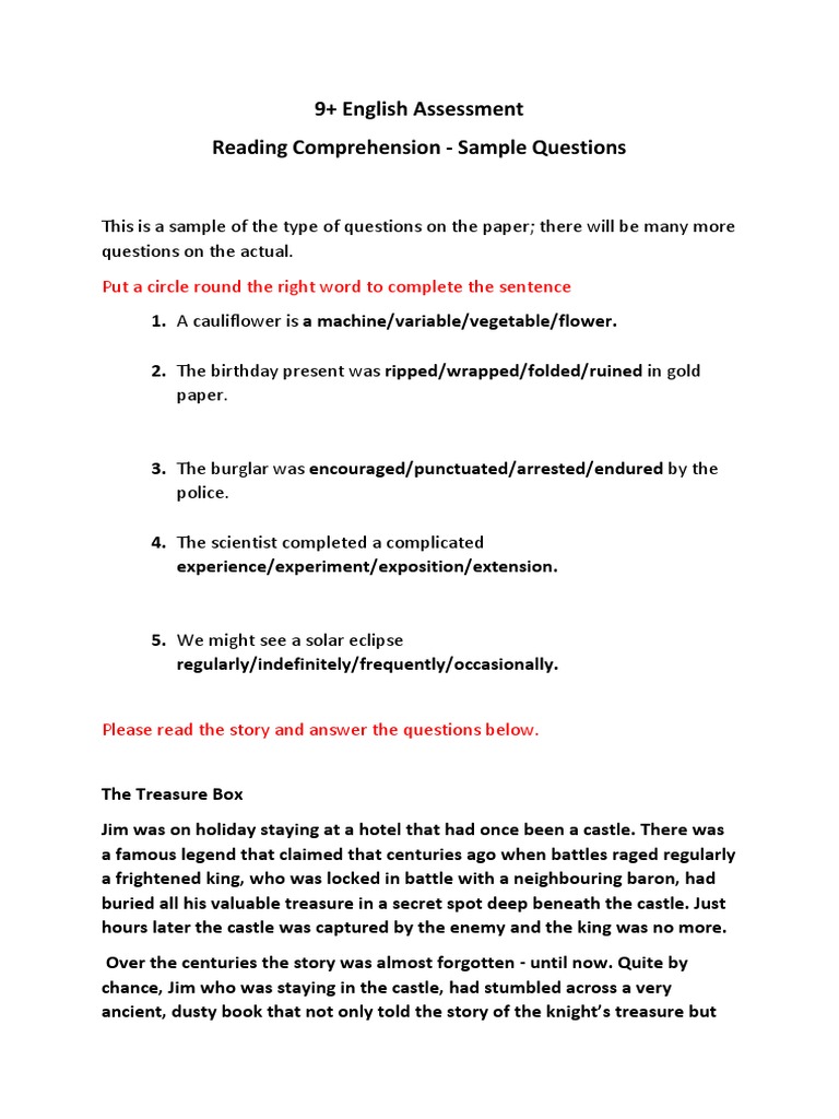 Year 5 sample reading comprehension questions pdf treasure