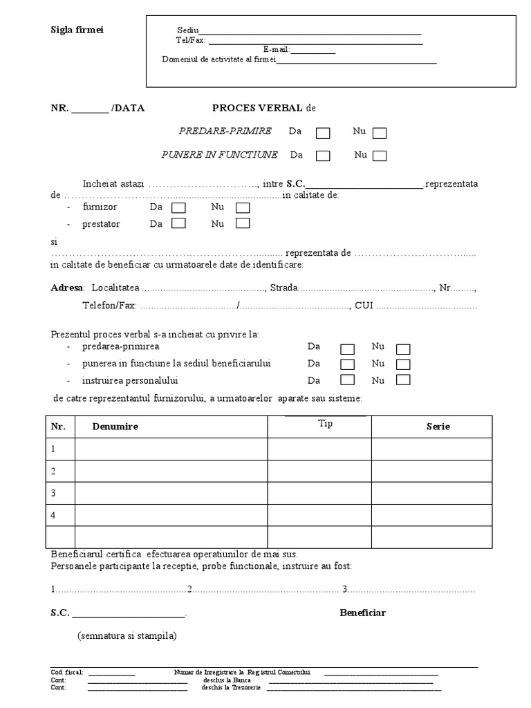 Proces Verbal de Predare Primire Si Sau Punere in Functiune | PDF