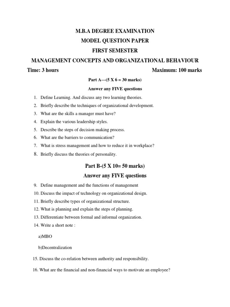 MBA 1st Sem Management Concepts Exam | PDF | Organizational Structure ...