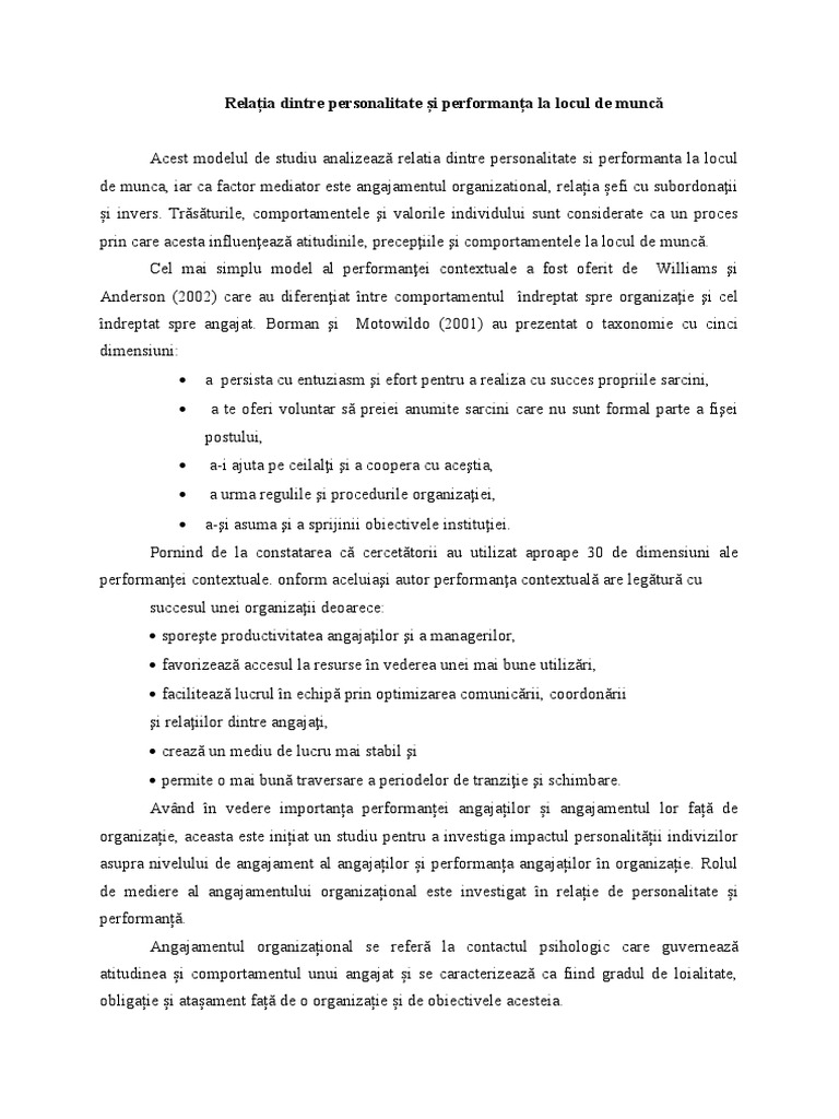 Relația Dintre Personalitate Și Performanța La Locul de Muncă | PDF