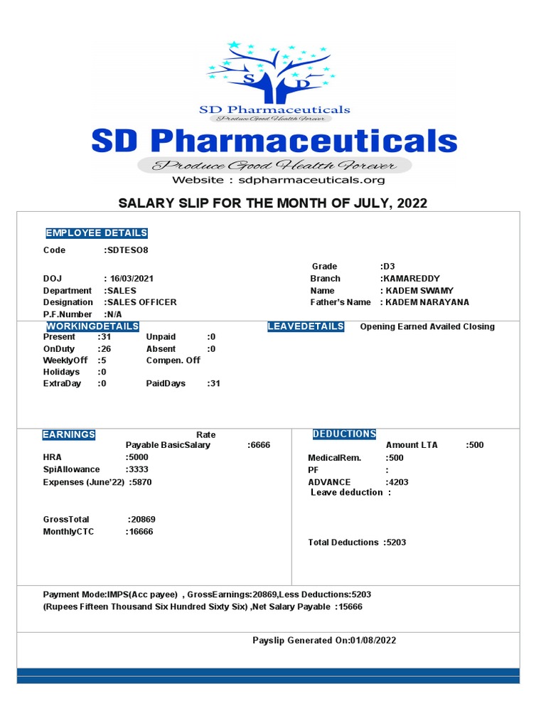 Salary Slip of Swami July 2022 | PDF