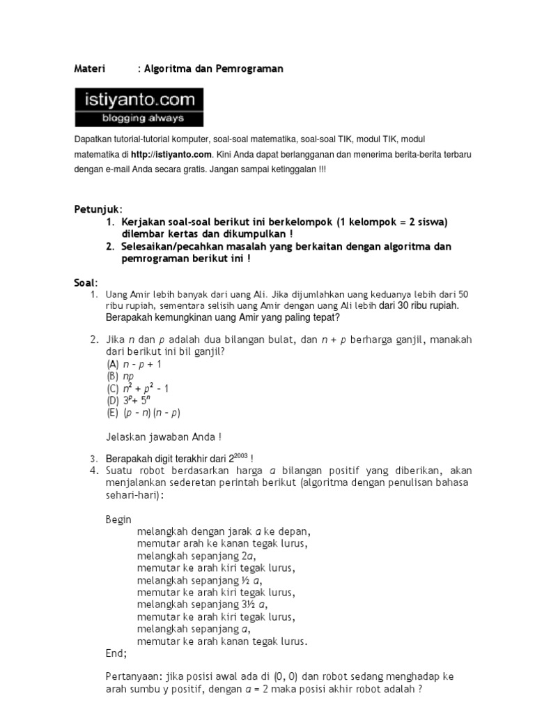 Soal Algoritma dan Pemrograman Matematika | PDF | Metode & Bahan Ajar