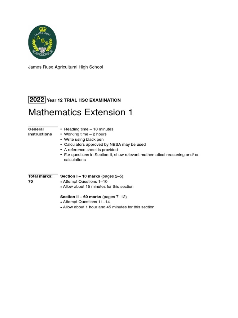 James Ruse 2022 3U Trials & Solutions | PDF | Equations | Area