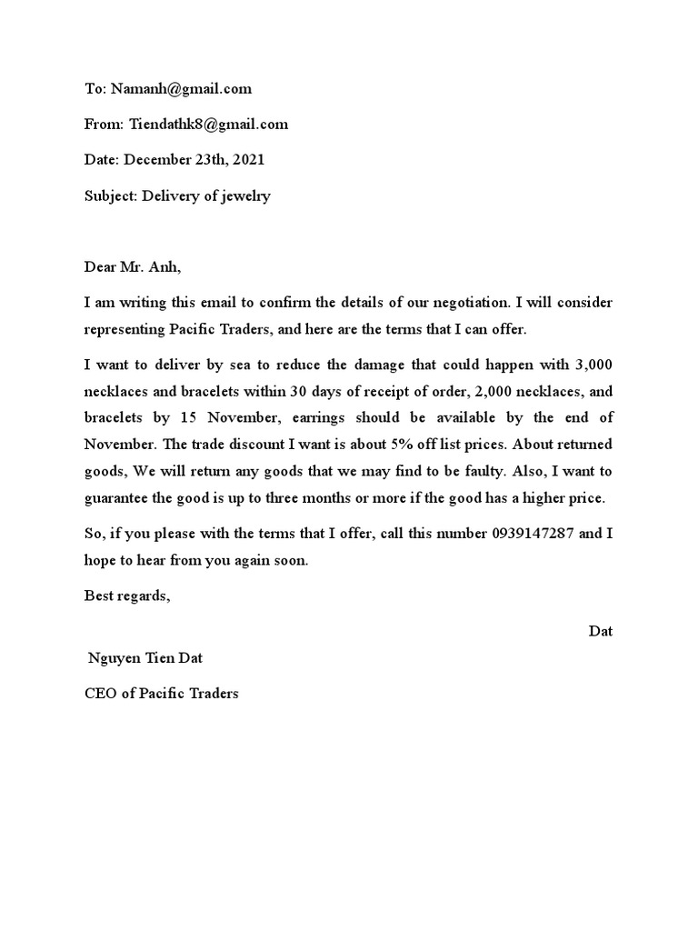 Email (Negotiation About Delivery of Jewelry) PDF
