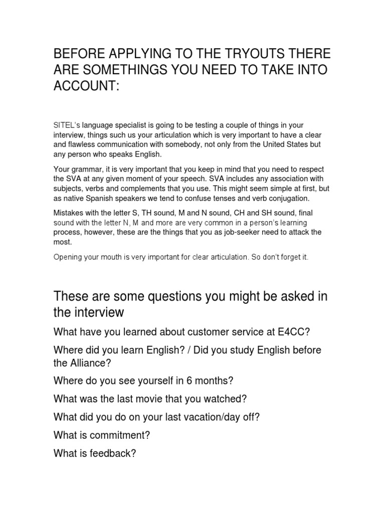 Sitel document questions and tips pdf call centre english language