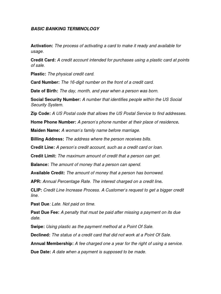 Banking Terminology PDF Credit Card Line Of Credit