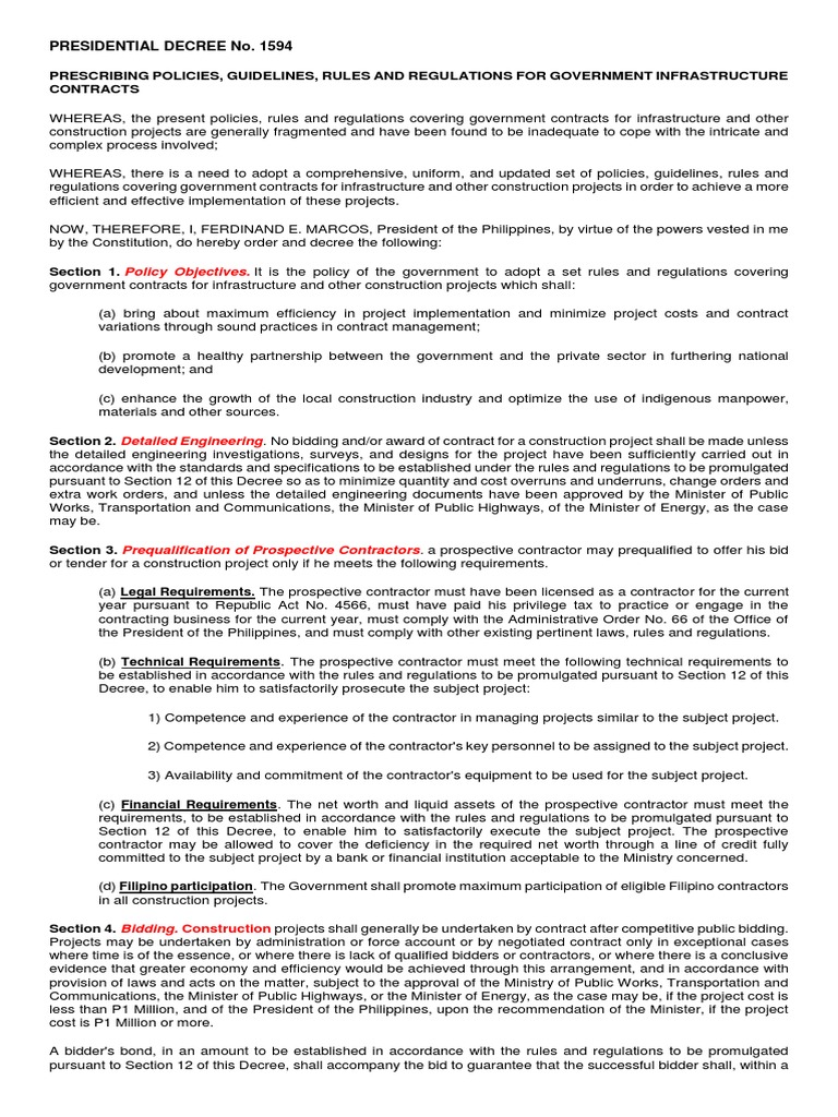 PRESIDENTIAL DECREE No 1594 | PDF | Employment | Decree