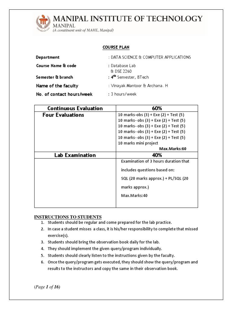 Database Lab Course Plan for BTech | PDF | Pl/Sql | Databases