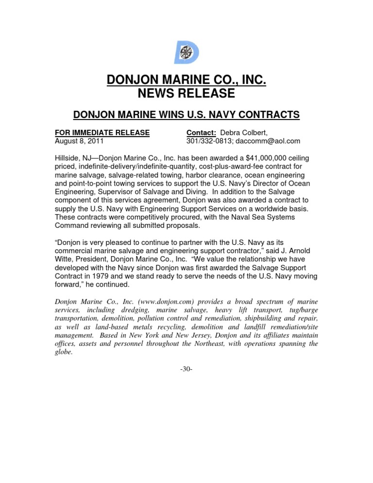 Donjon Marine Wins U.S. Navy Contracts (August 8, 2011) | PDF | Marine ...